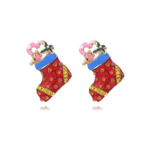 Christmas Earrings, Zinc Alloy, Christmas Sock, gold color plated, fashion jewelry & for woman & enamel & with rhinestone, mixed colors 