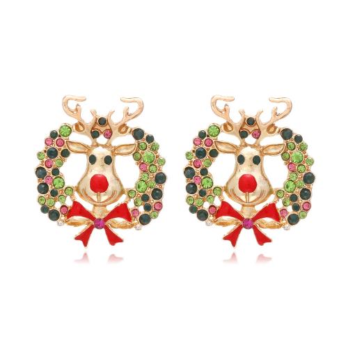 Christmas Earrings, Zinc Alloy, Christmas Wreath, gold color plated, fashion jewelry & for woman & enamel & with rhinestone, mixed colors 