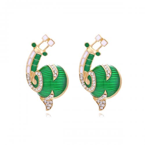 Zinc Alloy Stud Earring, Snail, gold color plated, fashion jewelry & for woman & enamel & with rhinestone, green 