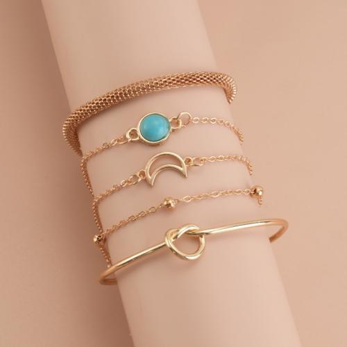 Zinc Alloy Turquoise Bracelets, with turquoise, gold color plated, 5 pieces & Length Adjustable & fashion jewelry & for woman Approx 16-30 cm 