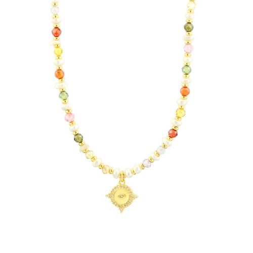 Gemstone Freshwater Pearl Necklace, Brass, with Gemstone & Freshwater Pearl, with 5CM extender chain, plated, micro pave cubic zirconia & for woman, golden Approx 40 cm 