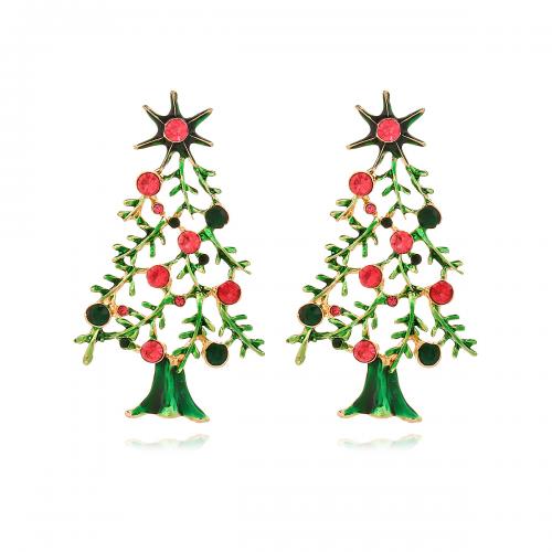 Christmas Earrings, Zinc Alloy, Christmas Tree, gold color plated, fashion jewelry & for woman & enamel & with rhinestone, mixed colors 