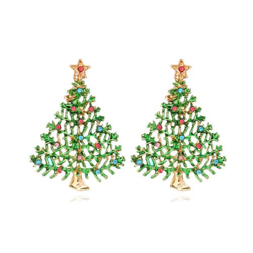 Boucles d'oreilles de Noël, alliage de zinc, arbre de noël, Placage de couleur d'or, bijoux de mode & pour femme & émail & avec strass, vert Vendu par paire