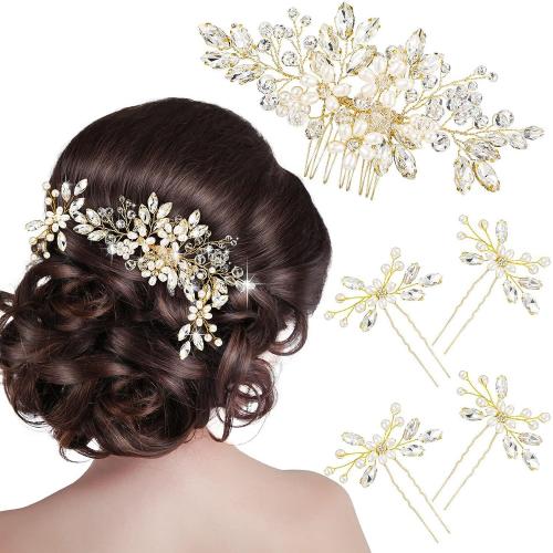 Iron Hair Jewelry Set, hair comb & hair stick, with Crystal & Plastic Pearl, 5 pieces & for woman Hair comb 16.5*6.5cm, fork 9*7.5cm 