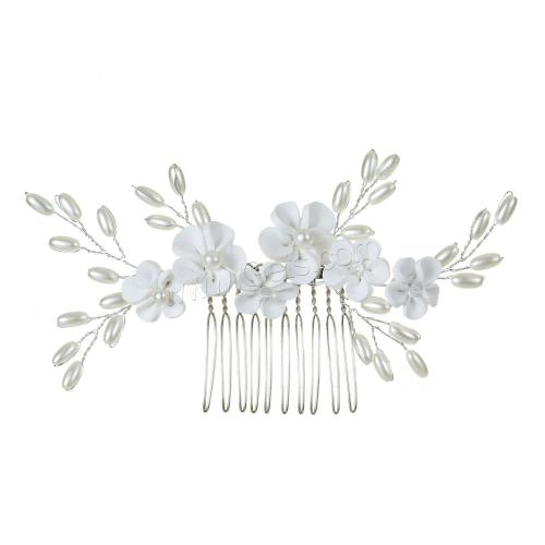 Decorative Hair Combs, Iron, with Polymer Clay & Plastic Pearl, for woman, white 13*7cm 
