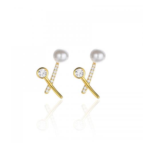 925 Sterling Silver Stud Earring, with Shell Pearl, Geometrical Pattern, plated, micro pave cubic zirconia & for woman 