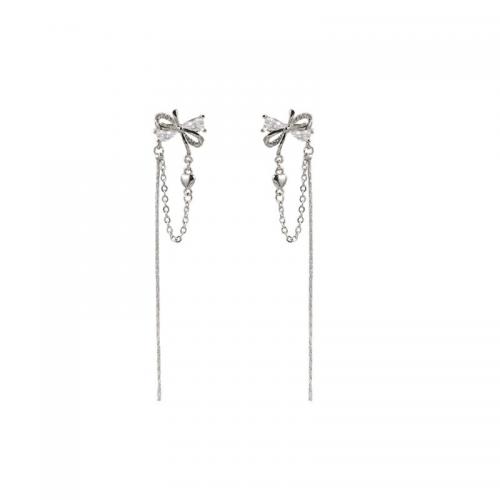 925 Sterling Silver Drop Earring, Bowknot, platinum plated, micro pave cubic zirconia & for woman, 80mm 