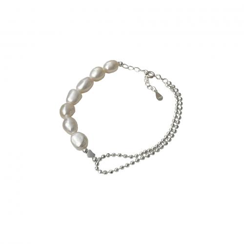 Pearl Sterling Silver Bracelets, argent sterling 925, avec perle d'eau douce cultivée, avec 1.2inch chaînes de rallonge, bijoux de mode & pour femme, argent Environ 6.3 pouce, Vendu par PC