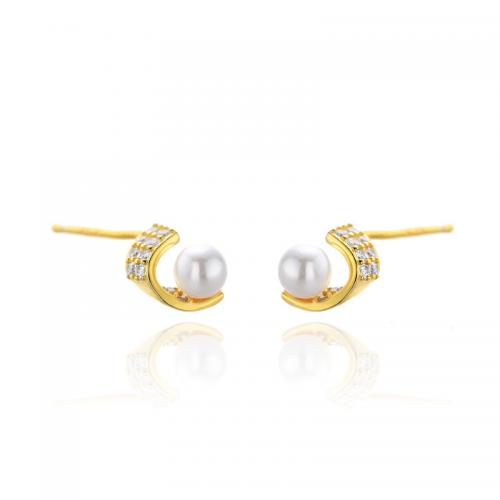925 Sterling Silver Stud Earring, with Shell Pearl, plated, micro pave cubic zirconia & for woman 