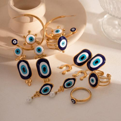 Evil Eye Jewelry Set, 304 Stainless Steel, finger ring & earring, plated, fashion jewelry & enamel 