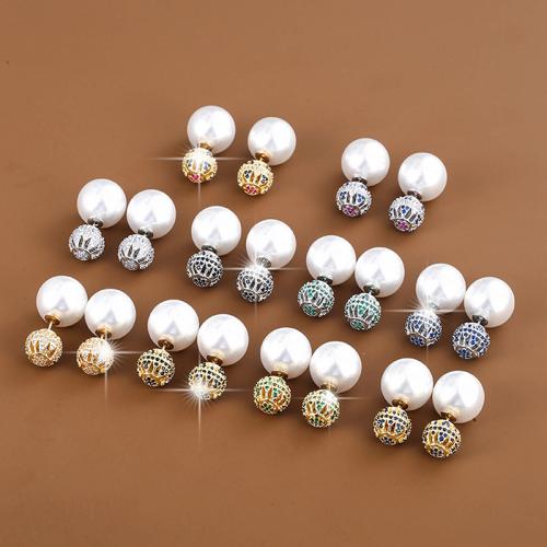 Rhinestone Brass Stud Earring, with Plastic Pearl, plated, fashion jewelry & for woman & with rhinestone 