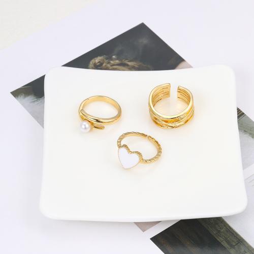 Zinc Alloy Ring Set, with Plastic Pearl, three pieces & fashion jewelry & for woman & enamel, gold 