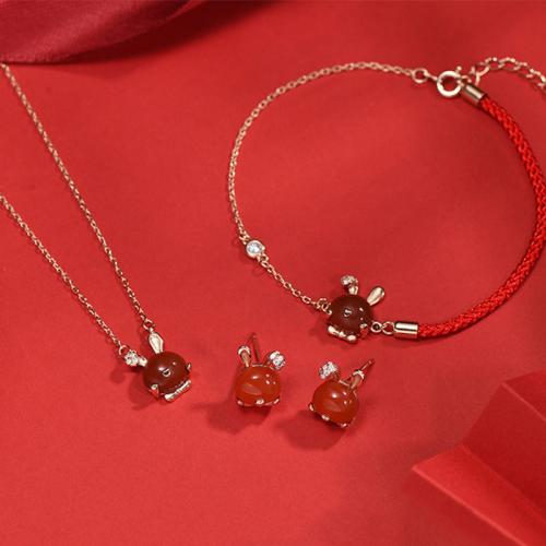 Sterling Silver Cubic Zircon Jewelry Sets, 925 Sterling Silver, with Red Agate, Rabbit, rose gold color plated & micro pave cubic zirconia & for woman 
