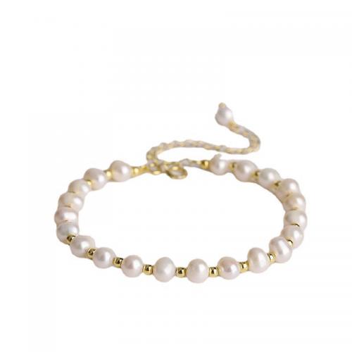 Pearl Sterling Silver Bracelets, 925 Sterling Silver, with Freshwater Pearl, with 1.2inch extender chain, 18K gold plated, fashion jewelry & for woman, pearl size 5-6mm Approx 6.3 Inch [