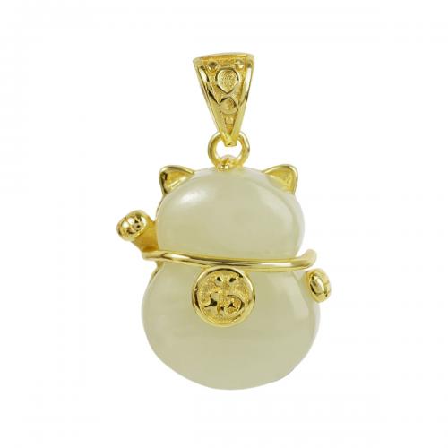 Natural Jade Necklace, 925 Sterling Silver, with Hetian Jade, with 5inch extender chain, Fortune Cat, gold color plated, fashion jewelry & for woman Approx 15.7 Inch [