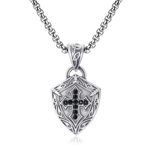 Titanium Steel Jewelry Necklace, stannum, with Titanium Steel, with 1.97inch extender chain, Shield, polished, fashion jewelry & for man & with rhinestone Approx 23.62 Inch 