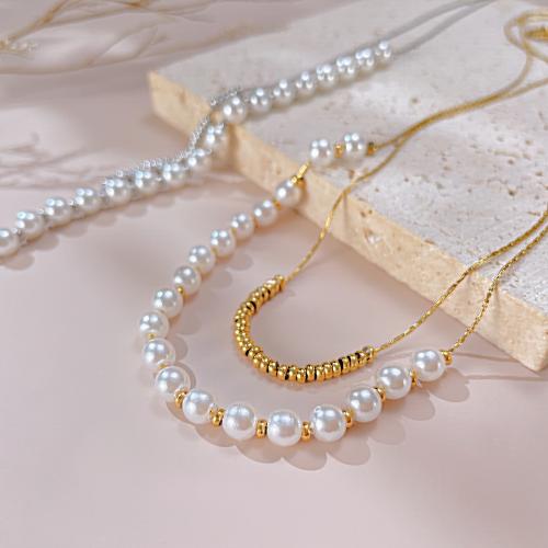 Plastic Pearl Necklace, 304 Stainless Steel, with Plastic Pearl, with 60mm extender chain, plated, Double Layer & fashion jewelry & for woman, original color Approx 365 mm 