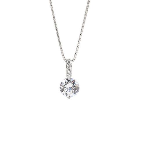 925 Sterling Silver Necklace, with 2inch extender chain, Round, platinum plated, box chain & micro pave cubic zirconia & for woman Approx 15.7 Inch 