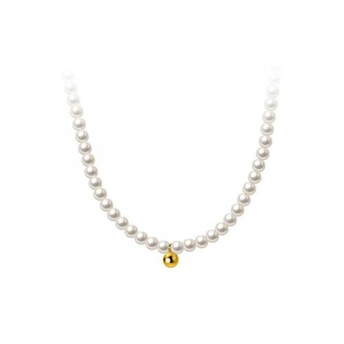 925 Sterling Silver Necklace, with Shell Pearl, with 2inch extender chain, Round, 18K gold plated, ball chain & for woman Approx 15.7 Inch 