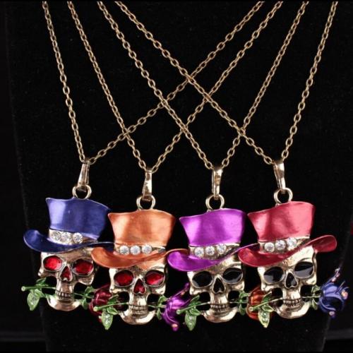 Zinc Alloy Sweater Necklace, Skull, Halloween Design & with rhinestone x40mm Approx 60 cm 