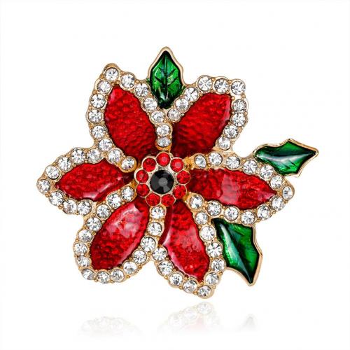 Zinc Alloy Jewelry Brooch, Flower, gold color plated, for woman & enamel & with rhinestone, red 