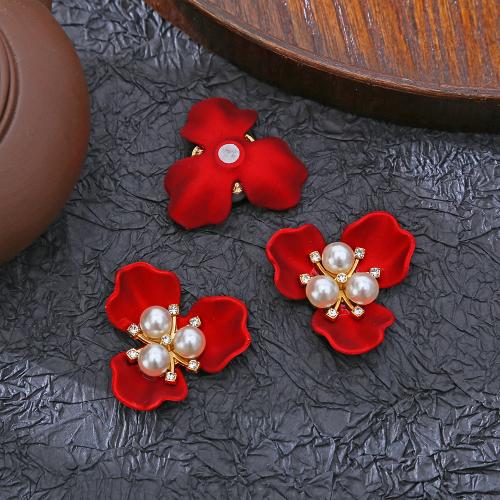 Zinc Alloy Costume Accessories, with Plastic Pearl, petals, multifunctional & DIY & with rhinestone, red 