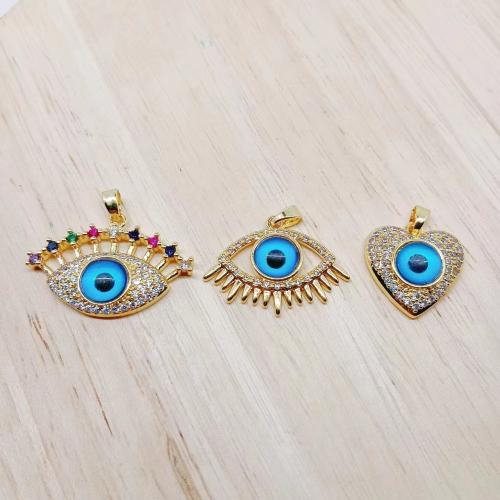 Fashion Evil Eye Pendant, Brass, with Resin, gold color plated, fashion jewelry & DIY & micro pave cubic zirconia 