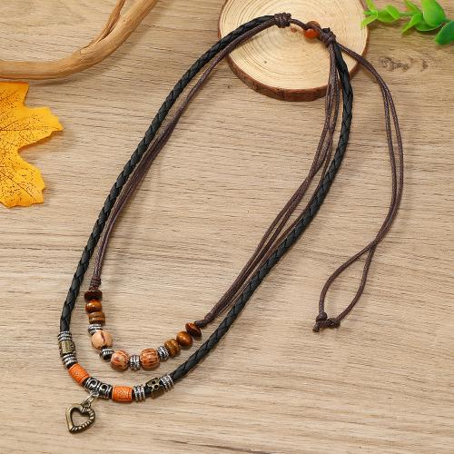 Wood Necklace, Zinc Alloy, with PU Leather Cord & Wax Cord & Wood, handmade, Double Layer & vintage & Unisex, brown Approx 40-70 cm 
