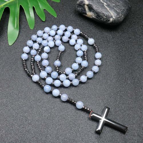 Rosary Necklace, Aquamarine, with Hematite, Cross, fashion jewelry & Unisex, mixed colors, 110mm Approx 78 cm 