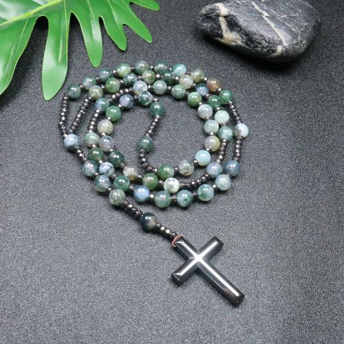 Rosary Necklace, Moss Agate, with Hematite, Cross, fashion jewelry & Unisex, mixed colors, 110mm Approx 78 cm 