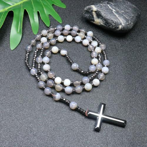Rosary Necklace, Persian Gulf Agate, with Hematite, Cross, fashion jewelry & Unisex, mixed colors, 110mm Approx 78 cm 