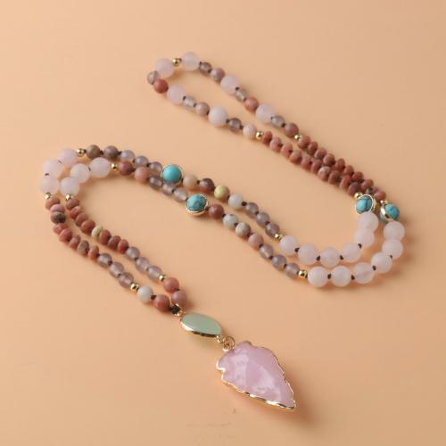 Кварцевые ожерелье, розовый кварц, с Полудрагоценный камень & Латунь, стрелки, плакирован золотом, ювелирные изделия моды & Мужская, разноцветный, Приблизительно 108ПК/Strand, продается Strand
