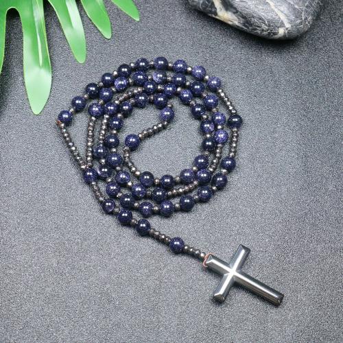 Rosary Necklace, Blue Sandstone, with Hematite, Cross, fashion jewelry & Unisex, mixed colors, 110mm Approx 78 cm 