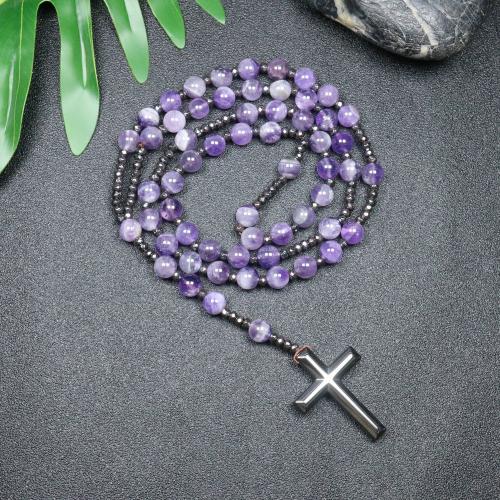 Rosary Necklace, Amethyst, with Hematite, Cross, fashion jewelry & Unisex, mixed colors, 110mm Approx 78 cm 