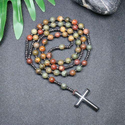 Rosary Necklace, Picasso Jasper, with Hematite, Cross, fashion jewelry & Unisex, mixed colors, 110mm Approx 78 cm 