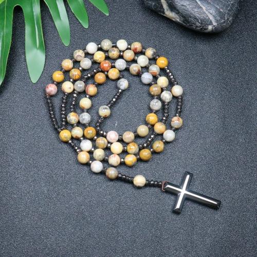 Rosary Necklace, agate folle, avec Hématite, croix, bijoux de mode & unisexe, couleurs mélangées, 110mm Environ 78 cm, Vendu par PC