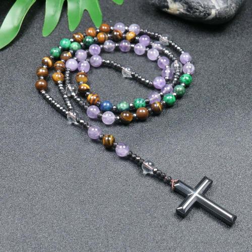 Rosary Necklace, Natural Stone, with Hematite, Cross, fashion jewelry & Unisex, mixed colors, 110mm Approx 78 cm 