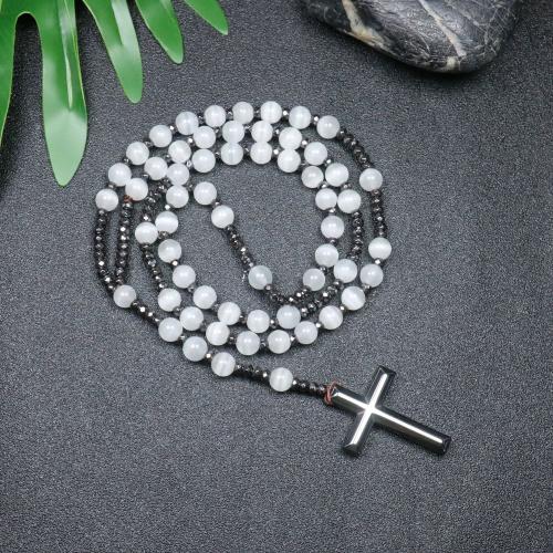 Rosary Necklace, Cats Eye, with Hematite, Cross, fashion jewelry & Unisex, mixed colors, 110mm Approx 78 cm 