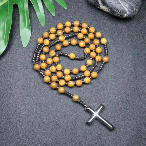 Rosary Necklace, Grain Stone, with Hematite, Cross, fashion jewelry & Unisex, mixed colors, 110mm Approx 78 cm 