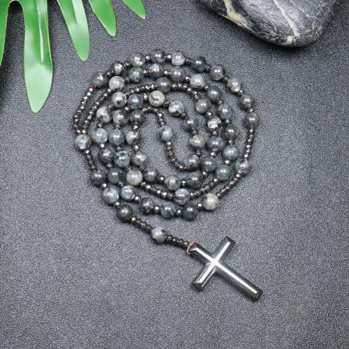 Rosary Necklace, Labradorite, avec Hématite, croix, bijoux de mode & unisexe, gris, 110mm Environ 78 cm, Vendu par PC