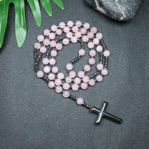 Rosary Necklace, quartz rose, avec Hématite, croix, bijoux de mode & unisexe, couleurs mélangées, 110mm Environ 78 cm, Vendu par PC