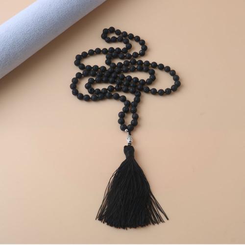 Fashion Fringe Necklace, Lava, with Knot Cord & Zinc Alloy, Tassel, silver color plated, fashion jewelry & Unisex, black 