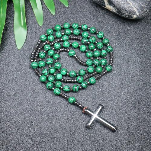 Rosary Necklace, Malachite, with Hematite, Cross, fashion jewelry & Unisex, mixed colors, 110mm Approx 78 cm 