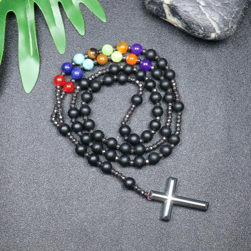 Rosary Necklace, Natural Stone, with Hematite, Cross, fashion jewelry & Unisex & frosted, mixed colors, 110mm Approx 78 cm 