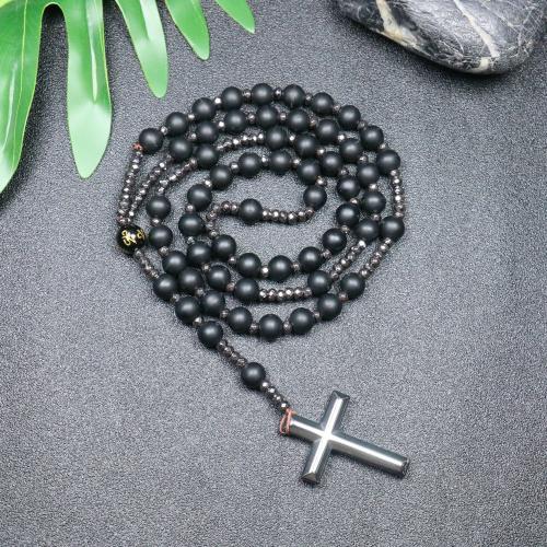 Rosary Necklace, Abrazine Stone, with Hematite, Cross, fashion jewelry & Unisex, black, 110mm Approx 78 cm 