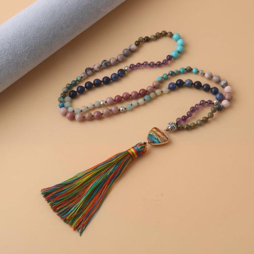 Fashion Fringe Necklace, Natural Stone, with Knot Cord & Brass & Zinc Alloy, Tassel, plated, fashion jewelry & Unisex, mixed colors 