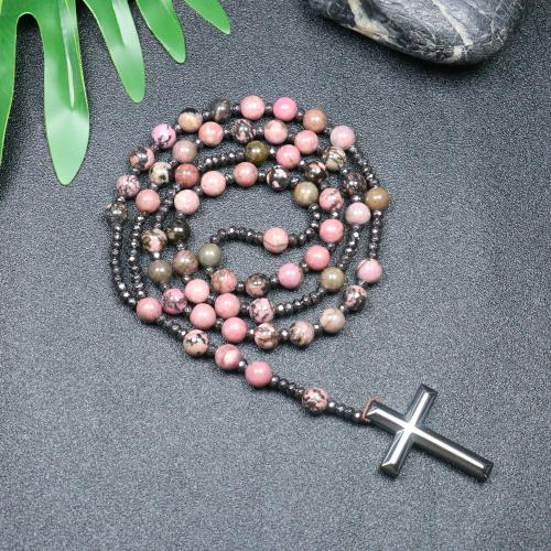Rosary Necklace, Black Stripes Rhodochrosite Stone, with Hematite, Cross, fashion jewelry & Unisex, mixed colors, 110mm Approx 78 cm 