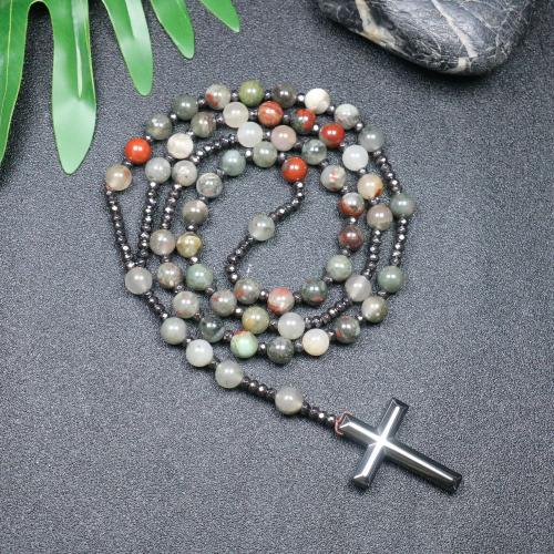 Rosary Necklace, African Bloodstone, with Hematite, Cross, fashion jewelry & Unisex, mixed colors, 110mm Approx 78 cm 