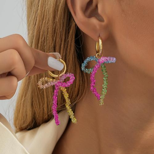Crystal Drop Earring, Brass, with Crystal, Bowknot, plated, fashion jewelry, multi-colored 