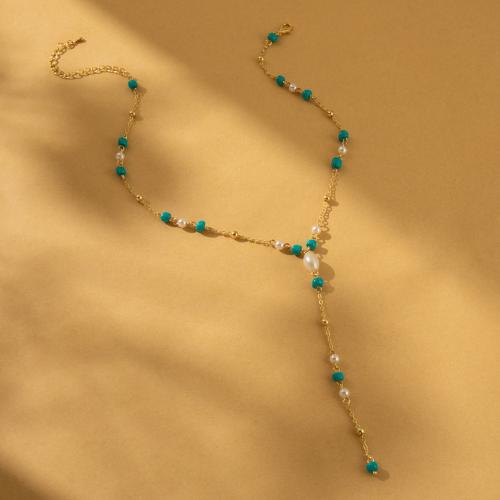 Collar de perlas de plástico, metal, con Seedbead & Perlas plásticas, con 7cm extender cadena, chapado, Joyería, dorado, longitud:36 cm, Vendido por UD